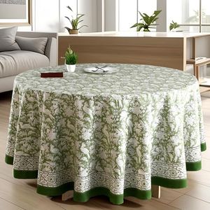 CPC Round Tablecloth- Cotton Indian Block Print Tablecloth -Handmade Printed Washable Cotton Table Cloth - Spring/Summer, Wedding Table Cover - Olive Green 132 Inch