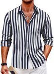 COOFANDY Mens Cuban Guayabera Shirt Casual Button Down Shirts Long Sleeve Summer Beach Shirts Navy Stripe