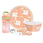 Zak Designs Children's Dinnerware Set Includes Plate, Bowl, Water Bottle, and Utensil Tableware, Non-BPA, Made of Durable Material and Perfect for Kids (5 Pieces, Unicorn)