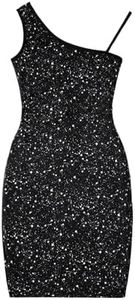 SHENHE Girl's Asymmetrical Neck Sparkly Sequin Tank Dress Bodycon Pencil Midi Dress Black 8Y