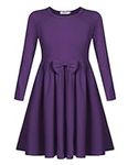 Arshiner Girls Casual Dress Long Sleeve Children Dresses with Bow Tie Winter Autumn Kids Dress A-line Cotton Solid Color Basic Dresses for Girls 9-10 Years Purple