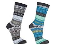 2 Pairs Norwegian Socks for Men & Women, Winter Thermal Knitted, Vintage Nordic Wool Crew Soft and cozy Warm, Comfortable Hygge, Casual Ladies Socks for cold weather, Multicolored (9-12, Chacoal-Blue)