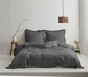 Simple&Opulence 100% Washed French Linen Duvet Cover Set-104''x92'' King Size-3 Pieces Boho Vintage Ruffled Farmhouse Bedding 1 Comforter Cover 2 Pillowshams Floral Frill Flax Sets,Dark Grey