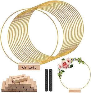 15Pcs 14 Inch Metal Floral Hoop Centerpiece with 15 PCS Wood Place Card Holders and Adjustable Foot Pads, Gold Wreath Macrame Hoop Rings Decorations for DIY Wedding Party Table Decor Dream Catcher
