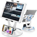 DeskLogics iPad Tablet Stand Holder for Desk - 6 inch to 13 inch - Stable, Sturdy, Adjustable - 360° Swivel Angle Pen Phone iPad Stand for Store, Retail Kiosk, Reception, Home Office - White