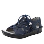 Alegria Women Valerie - Timeless Comfort, Arch Support and Travel Style - Retro Platform Slide for Everyday Elegance - Lightweight Full Coverage Leather Gladiator Sandal, Oiled Navy, 8-8.5