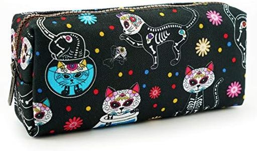 LParkin Day of the Dead Cats Pencil Case Gadget Box Dia de los Muertos Bag Sugar Skull Cats Bag Toiletry Zip Pouch Rockabilly Bag Makeup Cosmetic Stationary