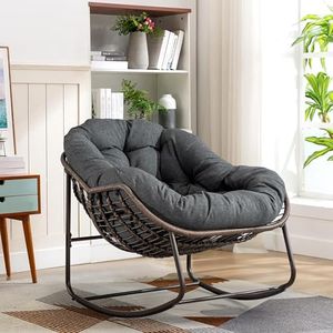 Outdoor Patio Rocking Chair, Oversized Papasan Chair with Cushion and Frame, Comfy Rattan Wicker Egg Chairs Indoor, Modern Lounge Rocker for Front Porch Living Room Bedroom (Dark Grey, Set of 1)