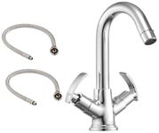 PEFKO PFK0013 Brass Table Deck Mounted Washbasin Mixer Tap (Centre Hole Taps) Suitable for Hot & Cold Water in Washbasin with 24" Inch Connection Pipe & Teflon Tape (Soft)