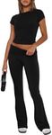 GRMLRPT Women's 2 Piece Lounge Sets Fold-Over Flare Leggings Pants Matching Slim Fit Short Sleeve Cropped Top Y2k Pajama Outfits,S-Black,S