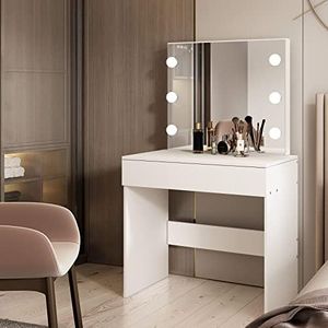 Luxsuite Dressing Table Lighted Mirror Vanity Table Makeup Dresser with Large Drawer & 6 Led Light Bedroom Dressing Room Furniture White
