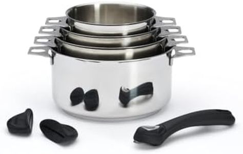 De Buyer - Lot de 4 casseroles en inox MILADY TWISTY amovibles, 1 queue et 2 anses en silicones noires - Diamètre 14/16/18/20 cm -, Gris