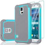 Galaxy S5 Case, Galaxy S5 Case with [2 Pack] Tempered Glass Screen Protector, Shockproof Defender Armor Protective Dual Layer Hybrid TPU Plastic Rugged Case for Samsugng Galaxy S5 - Turquoise&Grey