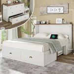 Jocisland Queen Size Murphy Bed, Farmhouse Wooden Cabinet with Charging Station and Storage Drawer for Bedroom/Office/Guest Room, White+Barnwood