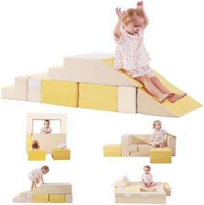 Baby Foam Climbing Blocks|Modular Kids Play Couch with 2 Cubes Indoor,Foldable Soft Play Set for Toddlers Crawling & Climbers,Beige & Yellow