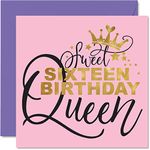 16th Birthday Cards for Girls Her - Sweet 16 Sixteen Queen - Happy Sixteenth 16 Birthday Card Girl for Daughter Granddaughter Niece Sister Friend Cousin, 145mm x 145mm Female Greeting Cards Gift