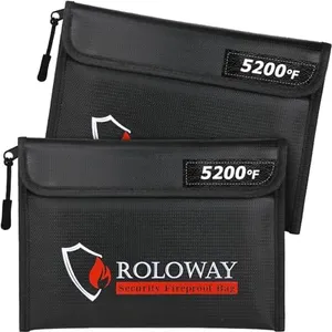 ROLOWAY Fireproof Bag (9.6 x 6.6 inches) 5200°F Heat Insulated, Fireproof Money Bag with Zipper for Cash, Fireproof Safe Bank Bag, Fireproof Money Organizer for Cash (2-Pack Black)