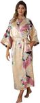 Women's Satin Kimono Robe Floral Long Silky Robes Bridal Kimonos Bridesmaid Party Dressing Gown, Peacock Floral Champagne, Small-Medium