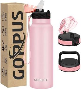 GOPPUS 24 oz Insulated Water Bottle with Straw Stainless Steel Sports Water Cup Flask with 3 Lids (Straw, Spout and Handle Lid) Wide Mouth Metal Water Bottles for Men Women (Pink)