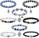 Diamday 8Pcs Evil Eye Beaded Bracelet for Women Men 7 Chakras Hamsa Turkey Blue Charm Stretch Bracelet Hamsa Hand of Fatima Amulet Jewelry for Protection and Blessing