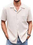 COOFANDY Men's Waffle Shirt Button Down Short Sleeve Shirt Loose Fit Cuban Beach Tops, Khaki, Large