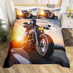 Motorcycle Pattern Bedding Set Men Motorcycle Rider Print Comforter Cover for Kids Adult Boys Cool Motorbike Duvet Cover Sunset Scenery Bedspread Cover Room Decor 2Pcs With 1 Pillow Case Single Size