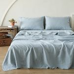 Simple&Opulence 100% Linen Sheet Set with Embroidery Stone Washed 4 Pieces (1 Flat Sheet & 1 Fitted Sheet & 2 Pillowcases) Natural French Flax Soft Breathable Bedding (Queen, Dusty Blue)