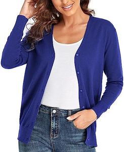CUNYI Cardigan Donna Scollo a V Maglia con Bottoni Girocollo Classico Manica Lunga Giacca Cappotto Elegante, Blu Reale XL