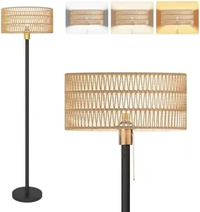 Cordless Rattan Floor Lamp with 3 Color Temperature, Dimmable Rechargeable Farmhouse Floor Lamp with Pull Cord Switch Boho Tall Standing Floor Lamp for Living Room/Bedroom/Home Bulb Included (Brown)