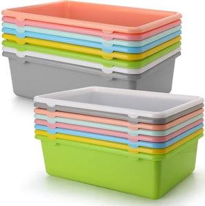 Dandat 16 Pcs Cubby Bins Plastic Books Bins Bulk Scoop Front Classroom Cubby Organization Stackable Toy Storage Tubs Containers for Classroom Office Home(15.35 x 11.8 x 5.12 Inch)