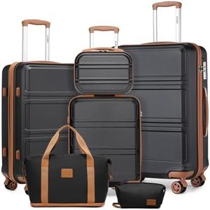 Kono Set de 6 Valises de Voyage Rigide Ensemble de Valise (55/65/74cm) à 4 roulettes avec Portable Vanity Case et Pliable Sac de Voyage pour Sport avec Trousse de Maquillage, Noir/Marron