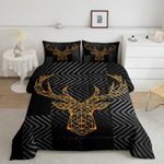 Geometric Deers Comforter Set Full,Abstract Antlers Stripes Bedding Set 3pcs for Teens Adults Room Decor,Wild Animals Duvet Insert Black Yellow Lines Modern Art Quilted Duvet Set with 2 Pillowcases