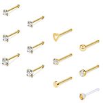 ZS 12Pcs 20G Nose Studs Rings - Surgical Steel L Shape Nose Bone Nose Screw CZ Nostril Piercing Jewelry for Women (Gold,Straight nose rings)