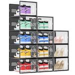 eWonLife X-Large Shoe Storage Box with Magnetic Door, 12 Pack Clear Plastic Stackable Shoe Organizer for Closet, Shoe Rack Sneaker Containers Bins Holder for Drop Front,Black