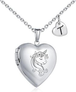 YOUFENG Unicorns Gifts for Her Love Heart Initial Letter Locket Necklace that Holds Pictures Enamel Locket Pendant Gifts for Women T