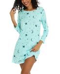 ENJOYNIGHT Women's Cotton Nightgown Long Sleeve Nightshirts Print Tee Sleep Dress (X-Large, Star)