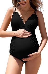 SHEKINI Women's Scallop Trim V Neck Maternity One Piece Swimsuit Bowknot Back Pregnancy Bathing Suit (Black, Medium)