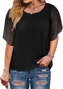 IN'VOLAND Plus Size Women Chiffon Blouse Batwing Sleeve Tops Scoop Neck Tunic Shirts Black