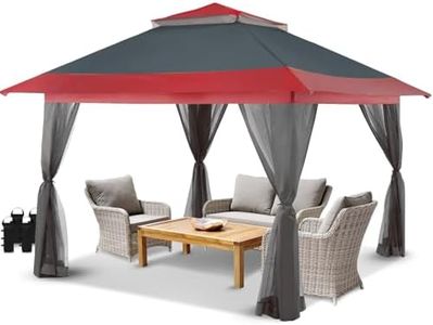 CROWN SHADES 13x13 Pop Up Gazebo, Patented One Push Outoor Canopy Tent with Wheeled STO-N-Go Cover Bag, Pop Up Canopy with Netting for Patio, Party, Backyard (13x13, Red & Grey Grid)