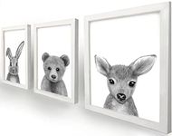 Set of 3 Framed Baby Woodland Animal Rustic Nursery Decor |11"x14"| Baby Bear, Bunny, and Deer Woodland Animal Wall Art Set - Artwork for a Woodland or Outdoor Themed Gender Neutral Baby Girls or Boys Room (White Frame)