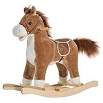 Qaba Rocking Horse Plush Animal on Wooden Rockers, Baby Rocking Chair with Sounds, Moving Mouth, Wagging Tail, Brown