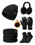 PASUDA Knitted Hat and Scarf Set 5 PCS Winter Warm Sets Fleece Lined Beanie Hat Touch Screen Gloves Plush Ear Warmers Neck Warmer Thermal Socks Set for Girls Ladies Sports Skiing Outdoor (Black)