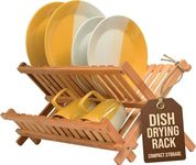 Dish Drying Rack - Collapsible 2-Tier Bamboo Dish Rack for Kitchen Counter, Wooden Dish Drainer with Foldable Space-Saving Design - Drying Rack for Dishes, Plates, and Cups