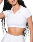 Womens Golf Polo T Shirts Collared Short Sleeve Workout Tops V Neck Tennis Sports Crop Casual Blouse Tunic for Teens Juniors, White, Medium