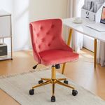 VINGLI Watermelon Red Armless Home Office Desk Chair with Gold Base/Wheels, Small Cute Vanity/Makeup Chair with Back for Bedroom, Upholstered Adjustable Rolling Swivel Nail Chair for Women/Girls
