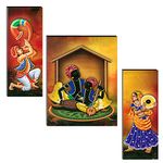 Indianara Set of 3 Folk Artists Art MDF Art Painting (1084FL) without glass 4.5 X 12, 9 X 12, 4.5 X 12 INCH