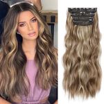 20 Inches Hair Extensions Clip in, 4Pcs Synthetic Brown Clip in Hair Extension, Natural Thick Hair Extensions Wavy Hair Pieces for Women(Light Brown Mixed Blonde, 4Pcs)