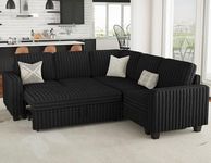 Belffin Plush Corduroy Modular Sectional Sofa with Pull Out Bed Convertible Small Sectional Corner Couch for Living Room Black Couch