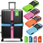 Luggage Straps 4Pack Adjustable Suitcase Belts Travel Packing Belt with Buckle Closure Baggage Security Straps 4 Colors + 4 Luggage Tags