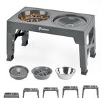 Petace Elevated Dog Bowls with 1 Stainless Steel Dog Food Bowl, 1 Slow Feeder Dog Bowl, 1 No Spill Water Bowl for Dogs, 5 Heights Adjustable Raised Dog Bowl for Small Medium Large Dogs, Gray